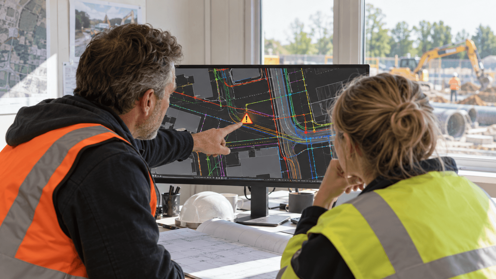 Twee infraprofessionals bekijken een kabel- en leidingenkaart met een waarschuwingssymbool op een beeldscherm.