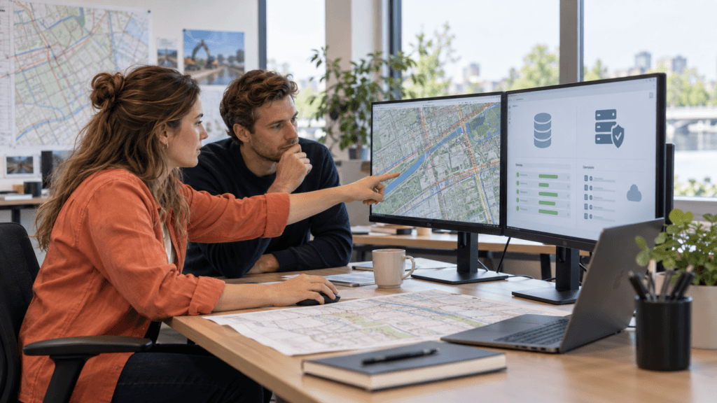 GIS-team bespreekt productiegegevens en back-ups op schermen in een modern kantoor