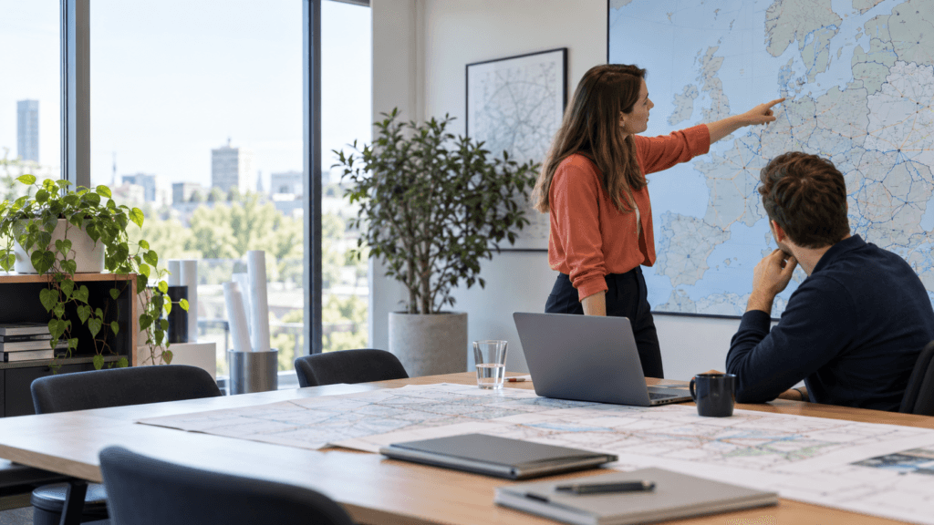 GIS-team bespreekt gegevensopslag binnen de EU op schermen in een modern kantoor