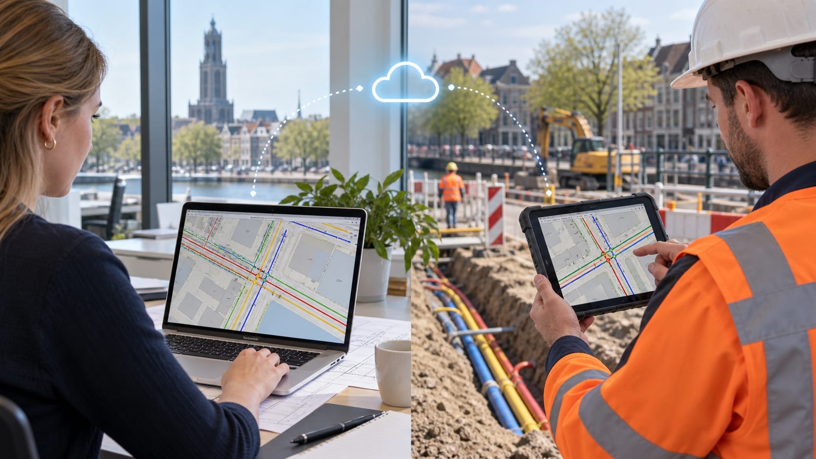 Werkvoorbereider en uitvoerder bekijken dezelfde KLIC-kaart via cloud op laptop en tablet