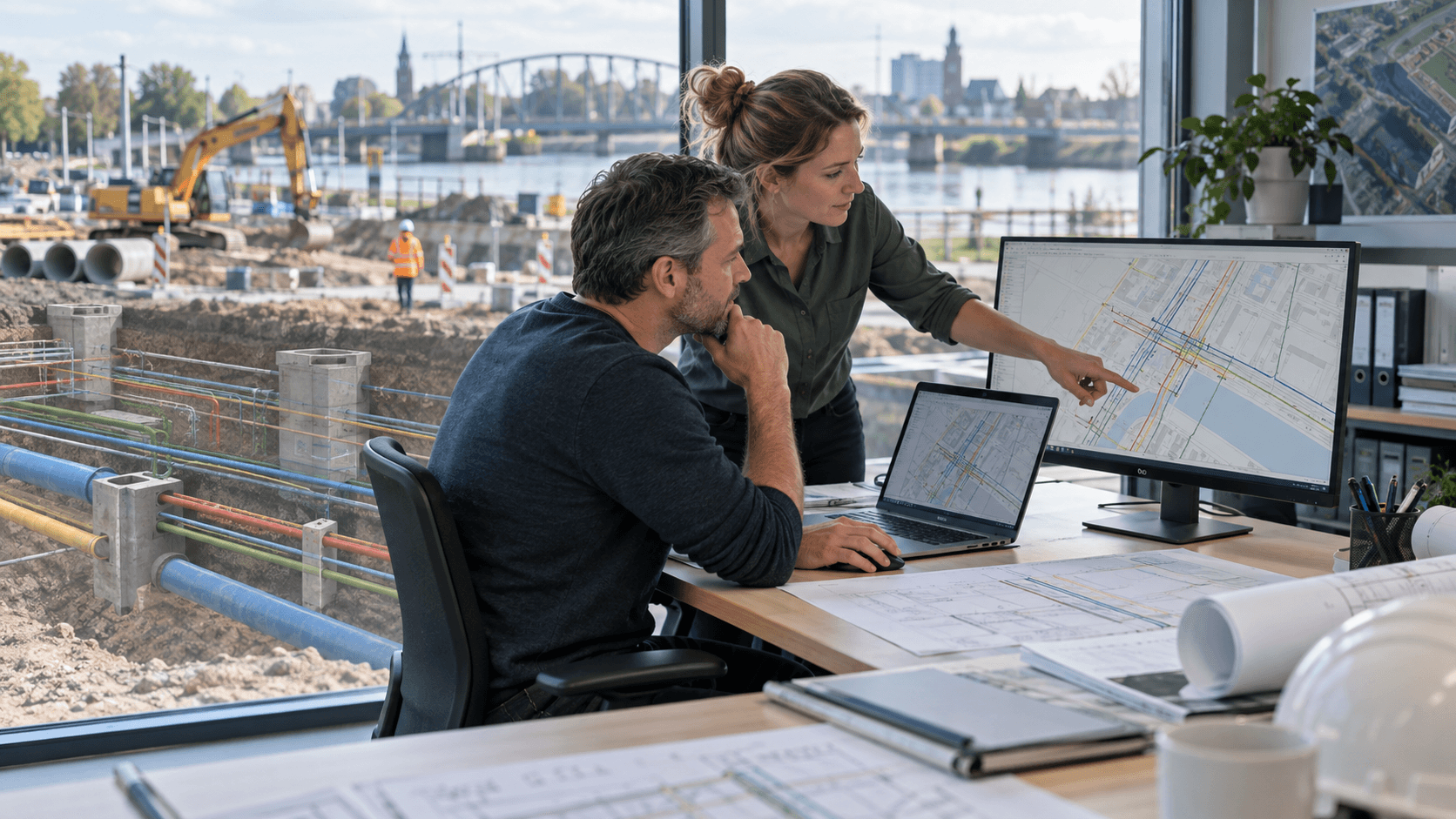 Werkvoorbereider en GIS-specialist controleren een KLIC-levering met kabel- en leidinginformatie