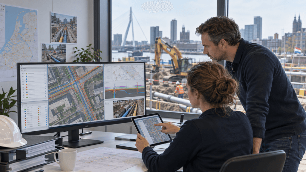 Werkvoorbereiders beheren KLIC-meldingen en kabel- en leidingdata op een GIS-scherm