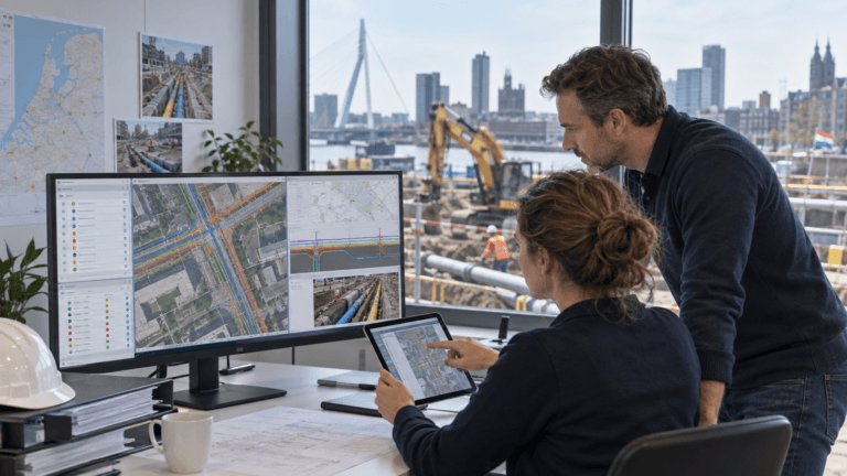 Werkvoorbereiders beheren KLIC-meldingen en kabel- en leidingdata op een GIS-scherm