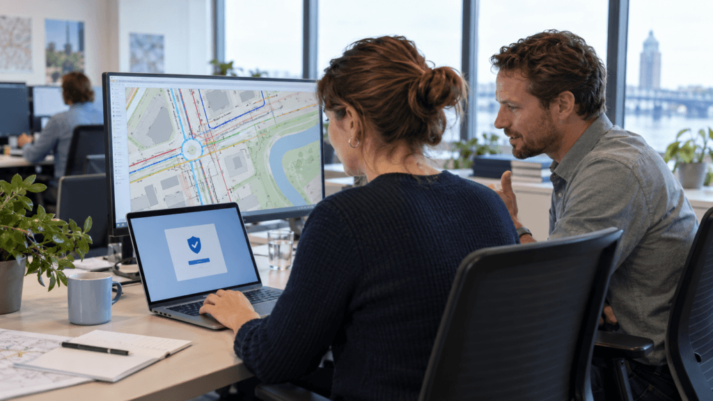 Een GIS-medewerker en IT-collega bekijken een aanmeldscherm op een laptop naast een kabel- en leidingenkaart.