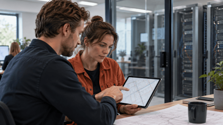 KlicConverter-team bespreekt infrastructuur en hosting met serverruimtes op de achtergrond
