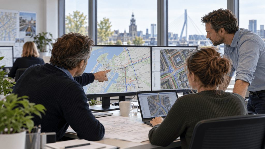 GIS-team controleert KLIC-bestanden en projectinformatie op schermen en tablet