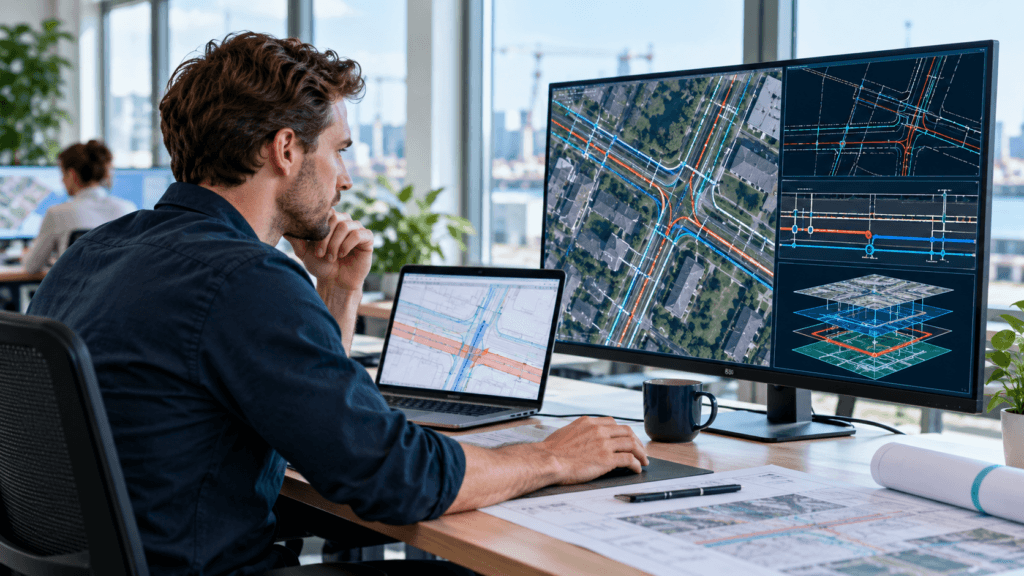 Werkvoorbereider vergelijkt KLIC-data met CAD- en GIS-lagen op beeldschermen