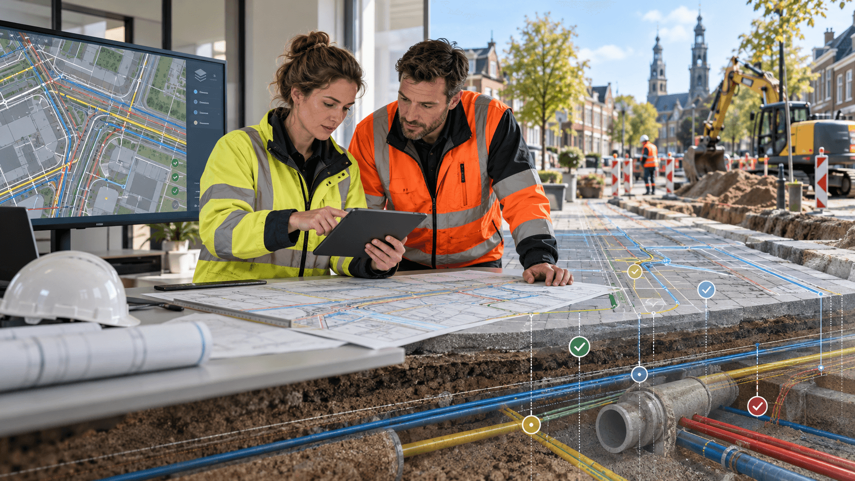 Werkvoorbereiders controleren een KLIC-tekening met kabels en leidingen voor de uitvoering